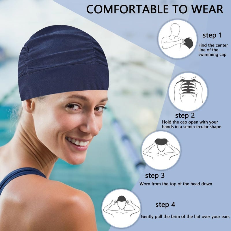 Ewandastore Ewanda store Colorful Pleated Nylon Cloth Swim Cap Large Swimming Cap Hot Spring Bathing Caps for Adult Men Women Long Hair(Navy Blue) - Image 4